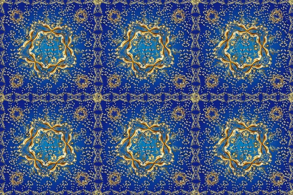 Golden textile print. Golden pattern on blue, black and brown colors with golden elements. Seamless pattern oriental ornament. Islamic design. Floral tiles.