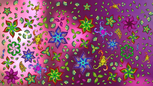 Sketch flowers pattern. Flowers on purple, pink and green colors. In asian textile style. Flat Flower Elements Design. Raster illustration. Colour Spring Theme sketch pattern Background.