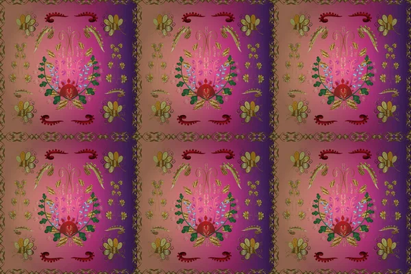 Seamless classic golden pattern. Classic vintage background. Traditional orient ornament. Golden pattern on purple, beige and pink colors with golden elements.