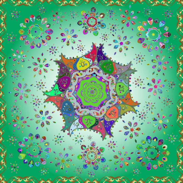 イスラム教 アラビア語 インドの宗教の精神的 儀式的なシンボル 色曼荼羅 ベクトル幾何学的円要素 東洋的なモチーフ ニュートラル グリーン ブルーのラウンドオーナメントパターン — ストックベクタ
