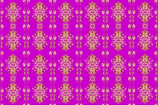 Golden pattern on magenta, brown and beige colors with golden elements. Oriental ornament. Seamless golden pattern.