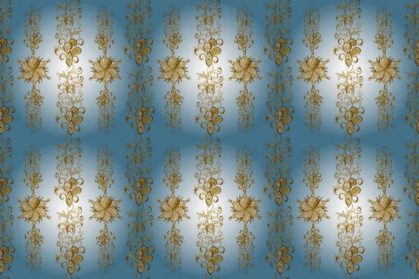 Backdrop, fabric, gold wallpaper. Flat hand drawn vintage collection. Golden pattern on brown, neutral and blue colors with golden elements. golden seamless pattern.