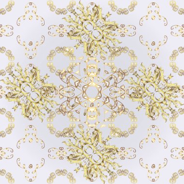 Altın desenli gri, nötr ve bej renklerde altın elementler. Altın pürüzsüz desen. Düz elle çizilmiş klasik koleksiyon. Arkaplan, kumaş, altın duvar kağıdı.