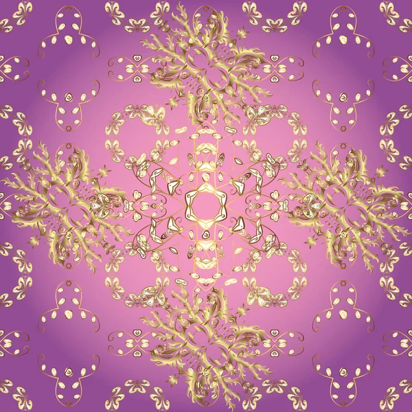 Seamless pattern with gold antique floral medieval decorative, leaves and golden pattern ornaments on pink, purple and violet colors. Seamless royal luxury golden baroque damask vintage.
