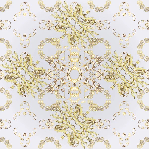 Golden pattern on gray, neutral and beige colors with golden elements. Golden seamless pattern. Flat hand drawn vintage collection. Backdrop, fabric, gold wallpaper.