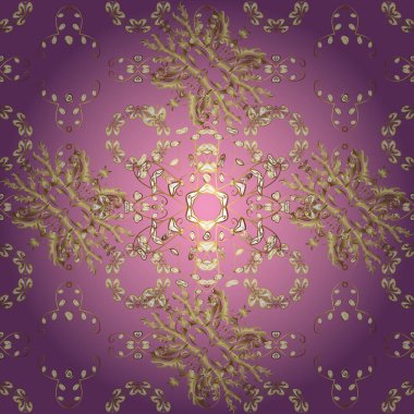 Pembe, mor ve mor renklerde altın elementler. Geleneksel klasik klasik, kusursuz vektör kalıbı. Barok tarzında kusursuz bir doğulu süsü..