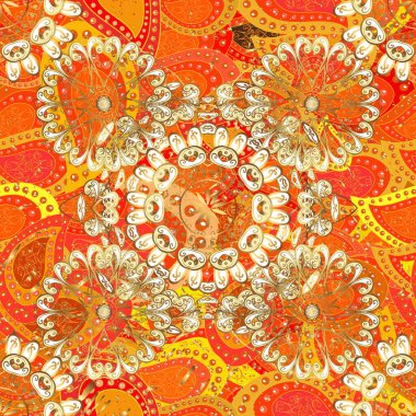 Turuncu, sarı ve bej renkli altın kar taneleri. Sembol bayramı, yeni yıl kutlaması vektör altın desen. Kış kar dokusu duvar kağıdı. Noel altın kar taneleri kusursuz desen.