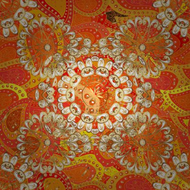 Süslü vektör dekorasyonu. Altın desenli turuncu, sarı ve bej renklerde altın elementler. Barok tarzında duvar kağıdı tasarımı için kusursuz damaske deseni arkaplanı.