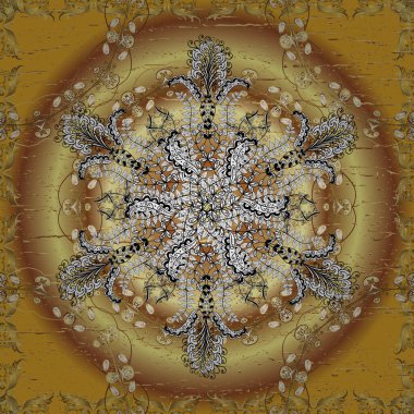 Sarı, bej ve kahverengi renkte desenler. Vektör altın mehndi kusursuz desen. Kına dövmeli süs çiçekleri, altın çıkartmalar, mehndi ve yoga tasarımı, kartlar ve parmak izleri..