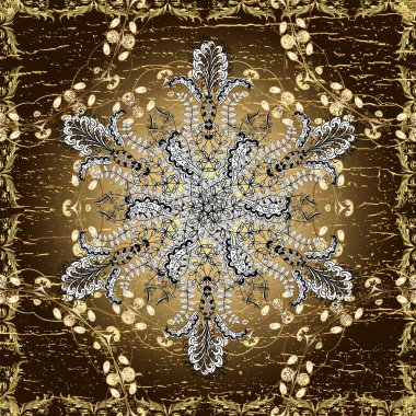 Senin tasarımın için, duvar kağıdı. Vektör geometrik arkaplan. Kahverengi, beyaz ve bej renklerde, altın çiçekli altın desenler. Altın rengi kusursuz illüstrasyon.