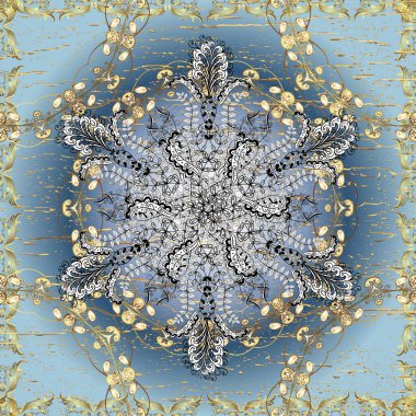 Damask altın soyut çiçek deseni mavi, beyaz ve nötr renklerde. Süsleme.