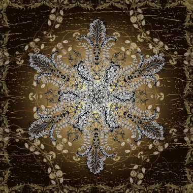 Kahverengi, beyaz, bej ve altın desenli. Tekrarlayan elementlerle kusursuz soyut arkaplan. Zarif vektör klasik desen.