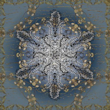 Damask arkaplanı. Altın element mavi, beyaz ve nötr renklerde. Barok tarzında altın çiçekli süs. Altın çiçekli, pürüzsüz desen.