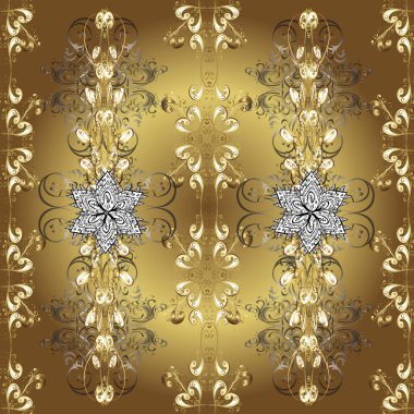 Davetiyeler, kartlar, web sayfası için vektör illüstrasyonu. Altın desenli çiçek dekoru. Kahverengi, sarı ve bej renklerde altın element. Çizgi sanatı tasarım şablonu için kusursuz sınır. Doğu tarzı ögesi