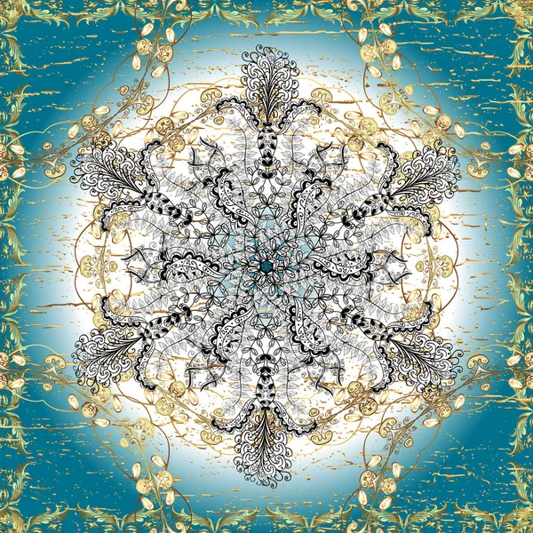 Altın karalama fantezi yapraklarından vektör soyut çiçek çelengi ve mavi, beyaz ve nötr renklerde çiçek. El yapımı dekoratif çerçeve, albüm kapağı, tebrik kartı, klasik Art deco tarzı.