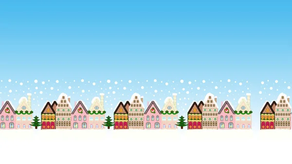 Raster cartoon drawing of Christmas suburban houses with making a snowman. Illustration on neutral, white and blue colors. Raster illustration.