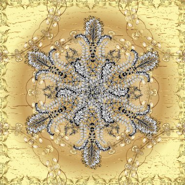 Sarı ve bej renkli illüstrasyon. Vektör şirin, kusursuz desen arkaplanı. Vektör. Klasik lüks, eski moda İspanyol süsü, duvar kağıtları, tekstil ve ambalaj için kraliyet Victoria dönemi kusursuz dokusu.