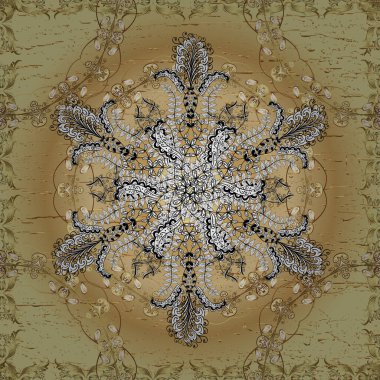 Vektör çizimi. Farklı süslemeli kar taneleri. Retro tekstil koleksiyonu. Bej, nötr ve sarı renkli elementler. Geometrik motiflerle sade, pürüzsüz bir Noel deseni.