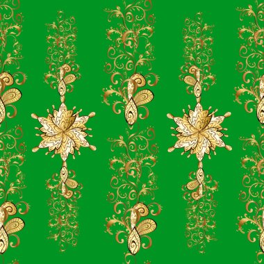 Tekstil ve kumaş için kentsel model. Yeşil, sarı ve kahverengi renkli çizimler. Süslü çiçek süsü. Kıvırcık saçlı. Doğu tarzında pürüzsüz desen.