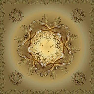 Flourish etiketleri. Vektör kaligrafi girdaplar, kabartmalar, süslü motifler ve parşömenler. Sarı, kahverengi ve bej renkli resimler. Kumaş, Tekstil, Baskı ve Davetiye için arka plan. Kusursuz desen.