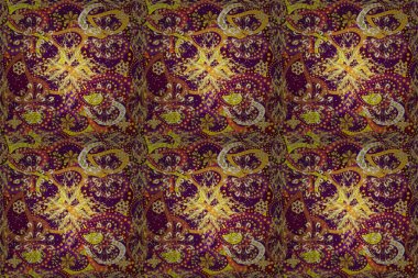 Altın desen. Çiçek desenli metal. Altın elementli mor, kahverengi ve sarı renkler. Altın çiçekli süs brokar kumaş deseni.