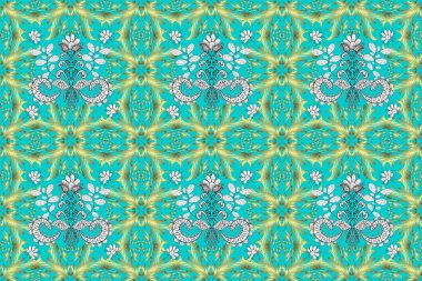 Süslü dantel iz sürücü. Çiçek süsü ile kusursuz desen. Duvar kâğıdı için altın süslü bir illüstrasyon. Doğu tarzında klasik tasarım öğesi. Geleneksel Arap dekoru sarı, mavi renkler.