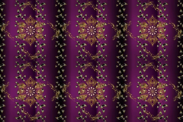 Openwork delicate golden pattern. Seamless golden texture curls. Oriental style arabesques. Brilliant lace, stylized flowers, paisley. Seamless pattern on purple colors with golden elements.