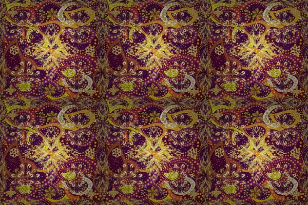 Golden pattern. Metal with floral pattern. Purple, brown and yellow colors with golden elements. golden floral ornament brocade textile pattern.