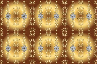 Noel altın kar tanesi kusursuz desen. Sembol bayramı, yeni yıl kutlamaları, altın desen. Kış kar dokusu duvar kağıdı. Altın kar taneleri bej, kahverengi ve sarı renklerde.