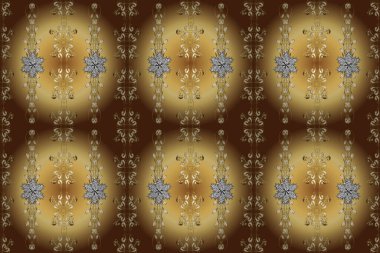 Altın elementlerle bej, sarı ve kahverengi renklerde kusursuz klasik desen. Noel, kar tanesi, yeni yıl 2019.