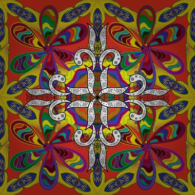 Moda afişi, etiket, gelin partisi ya da düğün davetiyesi için tasarım. Sarı, mavi ve kırmızı. Dekoratif renkli folyolu vektör doğulu süsleme çerçevesi.