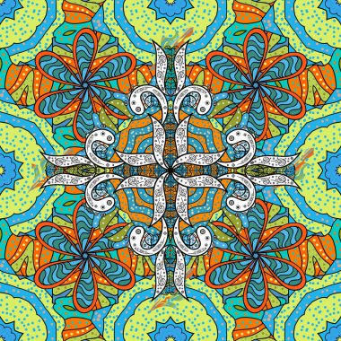 Mavi, siyah ve sarı renkler. Boho tarzı çiçek. Vektör Mandala. Döşemeli mandala tasarımı, baskı kumaşı veya kağıt ve daha fazlası için en iyisi..