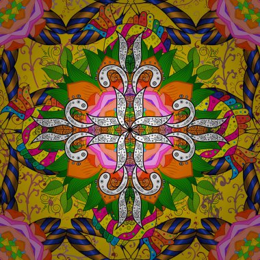 Özet geç. Yeşil, turuncu ve sarı renklerde, etnik mandala süsü ile kusursuz desenli vektör çizimi.