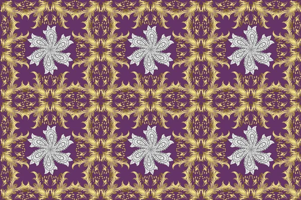 Vintage seamless pattern on a neutral, purple and yellow colors with golden elements.
