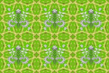 Raster illüstrasyonu. Retro tekstil koleksiyonu. Farklı süslemeli kar taneleri. Geometrik motifli basit, pürüzsüz bir Noel deseni. Yeşil, sarı ve nötr renklere sahip elementler.