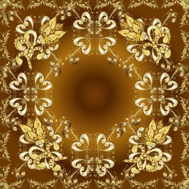 Seamless. Filigree calligraphic vector heraldic shield. Vintage Baroque Victorian monogram floral ornament leaf scroll retro flower pattern. Decorative design tattoo brown, beige and yellow on colors.