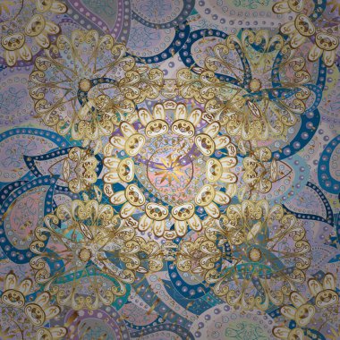 Rococo tarzında zarif, zarif bir süs. Eski renkli desenler. Vektör. Barok tarzında kusursuz desen. Mavi, bej, nötr renklerdeki desenler. Duvar kağıtları, ambalaj deseni.