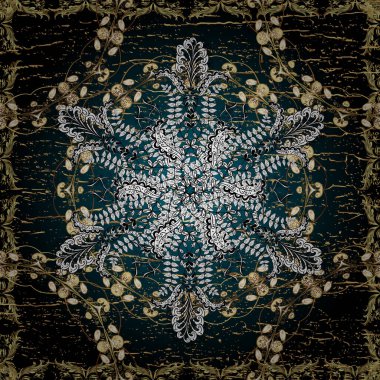 Vektör çizimi. Klasik geleneksel çiçek motifli ve geometrik süslemeli renkli doğu mozaiği. Beyaz, mavi, siyah renkler üzerine illüstrasyon. Sınır çerçeveli desenli halı. Kusursuz..