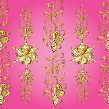 Geometrik motifli basit, pürüzsüz bir Noel deseni. Farklı süslemeli kar taneleri. Vektör çizimi. Kahverengi, sarı ve pembe renkli elementler. Retro tekstil koleksiyonu.