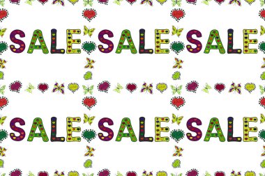 Satılık. Yeşil, beyaz ve siyah renkli resim. Mektup. Mevsimlik indirimler ayarlandı. Rengarenk elementlerin çerçevesini süsleyin. Kusursuz desen.