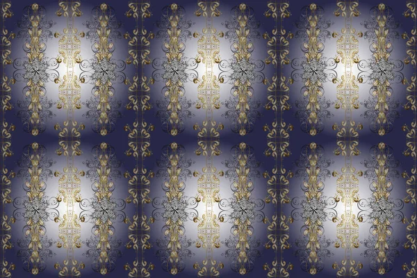 Seamless golden pattern. Golden pattern on neutral, gray and violet colors with golden elements. Raster oriental ornament.