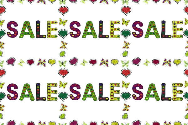 Sale. Picture in green, white and black colors. Lettering. Seasonal discounts set. Ornate raster colorful elements frame. Seamless pattern.