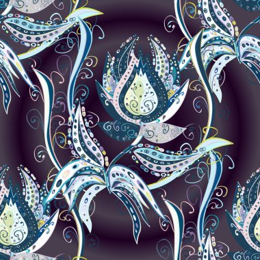 Çiçek ve yapraklı karalama şeklinde bir desen. Yumuşak, bahar çiçekleri kahverengi, nötr ve mavi renklerde.