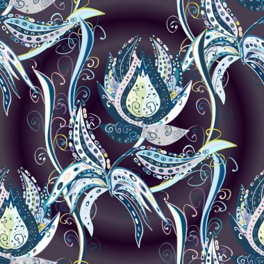 Renkli Bahar Temalı Kusursuz Arkaplan. Kusursuz desenli, modaya uygun kumaş deseni. Vektör çizimi. Düz Çiçek Elementleri Tasarımı. Şirin çiçek elementleri..