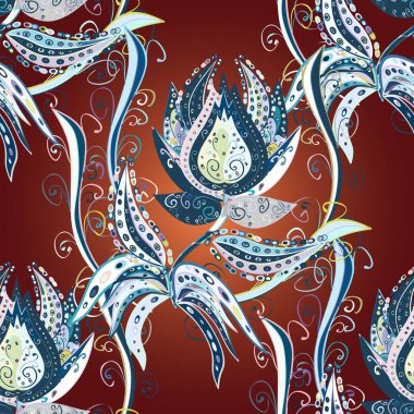 Kusursuz bir geçmişi var. Kumaş, tekstil, duvar kağıdı baskısı için. Vektör çizimi. Renkli desenli, nötr, kırmızı ve mavi çiçekler ve dekoratif elementlerle kusursuz desen. Antika retro tarzı.