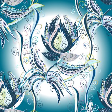 Patlayan çiçekler soyut olarak yerleştirilmiş. Tarafsız, beyaz ve mavi renklerde bahar çiçekleri. Vektör çizimi. Vektör deseni.