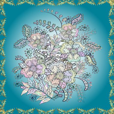 Vektör çizimi. El çizimi çiçekli, soyut, pürüzsüz desen. Çiçekler gri, mavi ve nötr renklerde.