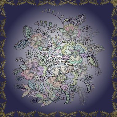 Modern çiçek arkaplanı. Parlak renkli çiçekleri ve mor, nötr ve gri renklerde yaprakları olan şaşırtıcı, pürüzsüz çiçek deseni. Moda baskıları için zarif bir şablon. Halk stili.