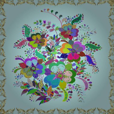 Tropik, dikişsiz çiçek deseni. Yeşil, mavi ve nötr renklerde çiçekler. Vektör illüstrasyonu.