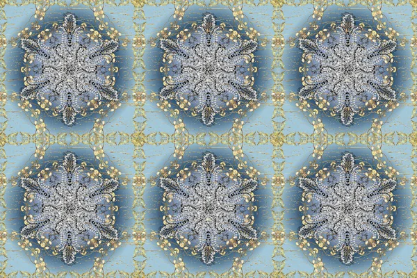 Damask gold abstract flower seamless pattern on blue, white and neutral colors. Ornate decoration.